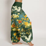 Buddha Stones Auspicious Clouds White Cranes Red Flowers Pattern Design Women's Elastic Waist Harem Pants - image 10