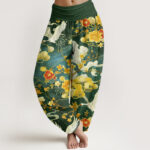 Buddha Stones Auspicious Clouds White Cranes Red Flowers Pattern Design Women's Elastic Waist Harem Pants - SeaGreen - US22，UK/AU26，EU54 (6XL) - image 8