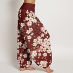 Buddha Stones Pink Cherry Blossoms Six-pointed Stars Pattern Design Women's Elastic Waist Harem Pants - image 3