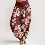 Buddha Stones Pink Cherry Blossoms Six-pointed Stars Pattern Design Women's Elastic Waist Harem Pants - DarkRed - US22，UK/AU26，EU54 (6XL) - image 1