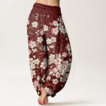 Buddha Stones Pink Cherry Blossoms Six-pointed Stars Pattern Design Women's Elastic Waist Harem Pants - image 2