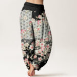 Buddha Stones Pink Cherry Blossoms Six-pointed Stars Pattern Design Women's Elastic Waist Harem Pants - image 6
