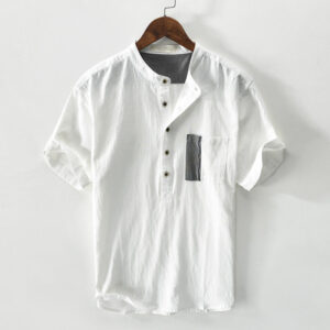 Buddha Stones Color Contrast Half Button Men's Short Sleeve Cotton Linen Shirt With Pocket