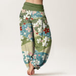 Buddha Stones Colorful Flowers Fan-shaped Pattern Design Women's Elastic Waist Harem Pants - image 2