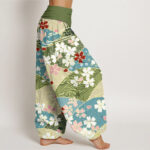 Buddha Stones Colorful Flowers Fan-shaped Pattern Design Women's Elastic Waist Harem Pants - image 3