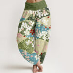 Buddha Stones Colorful Flowers Fan-shaped Pattern Design Women's Elastic Waist Harem Pants - DarkSeaGreen - US22，UK/AU26，EU54 (6XL) - image 1