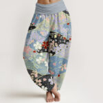 Buddha Stones Colorful Flowers Fan-shaped Pattern Design Women's Elastic Waist Harem Pants - LightCyan - US22，UK/AU26，EU54 (6XL) - image 5