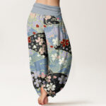 Buddha Stones Colorful Flowers Fan-shaped Pattern Design Women's Elastic Waist Harem Pants - image 6