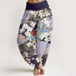 Buddha Stones Colorful Flowers Fan-shaped Pattern Design Women's Elastic Waist Harem Pants - Purple - US22，UK/AU26，EU54 (6XL) - image 8