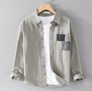 Buddha Stones Spring Daily Line Patchwork Design Lapel Men's Long Sleeve Cotton Linen Shirt With Pockets