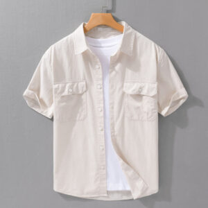 Buddha Stones Daily Pure Color Lapel Men's Short Sleeve Cotton Linen Shirt With Pockets