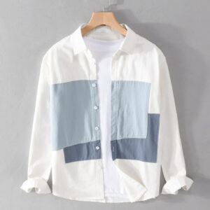 Buddha Stones Spring Stitching Contrast Color Lapel Long Sleeve Button Design Men's Cotton Linen Shirt With Pockets
