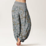 Buddha Stones Golden Branches Leaves Flower Pattern Women's Elastic Waist Harem Pants - image 6