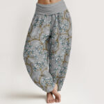 Buddha Stones Golden Branches Leaves Flower Pattern Women's Elastic Waist Harem Pants - Silver - US22，UK/AU26，EU54 (6XL) - image 5