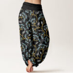Buddha Stones Golden Branches Leaves Flower Pattern Women's Elastic Waist Harem Pants - image 9