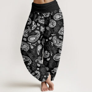 Buddha Stones Casual White Paisley Pattern Women's Elastic Waist Harem Pants - Black - US22，UK/AU26，EU54 (6XL) - image 1