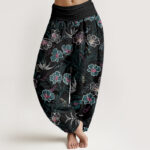 Buddha Stones Casual Tropical Flowers Foliage Pattern Women's Elastic Waist Harem Pants - Black - US22，UK/AU26，EU54 (6XL) - image 8