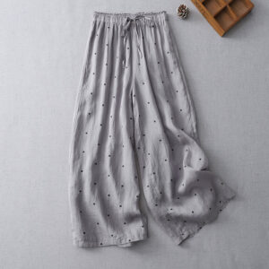Buddha Stones Summer Casual Polka Dot Pattern Design Cotton Linen Women's Wide Leg Pants With Pockets