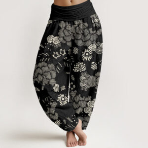 Buddha Stones Casual Floral Line Design Pattern Women's Elastic Waist Harem Pants - Black - US22，UK/AU26，EU54 (6XL) - image 1