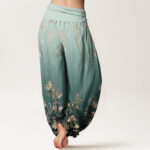 Buddha Stones Casual Gradient Delicate Floral Leaf Pattern Women's Elastic Waist Harem Pants - image 3