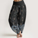 Buddha Stones Casual Paisley Plant Leaves Wavy Line Pattern Women's Elastic Waist Harem Pants - Black - US22，UK/AU26，EU54 (6XL) - image 8