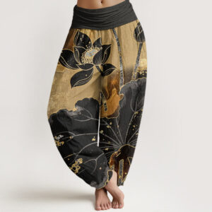 Buddha Stones Casual Lotus Petal Pattern Women's Elastic Waist Harem Pants - Black - US22，UK/AU26，EU54 (6XL) - image 1