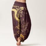 Buddha Stones Casual Dragon Flower Leaf Pattern Women's Elastic Waist Harem Pants - image 7