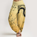 Buddha Stones Casual Dragon Flower Leaf Pattern Women's Elastic Waist Harem Pants - Khaki - US22，UK/AU26，EU54 (6XL) - image 8