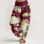 Buddha Stones Casual Dragon Red-crowned Crane Peony Flower Pattern Women's Elastic Waist Harem Pants - Maroon - US22，UK/AU26，EU54 (6XL) - image 1