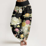 Buddha Stones Casual Dragon Red-crowned Crane Peony Flower Pattern Women's Elastic Waist Harem Pants - Black - US22，UK/AU26，EU54 (6XL) - image 5