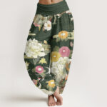 Buddha Stones Casual Dragon Red-crowned Crane Peony Flower Pattern Women's Elastic Waist Harem Pants - OliveDrab - US22，UK/AU26，EU54 (6XL) - image 8