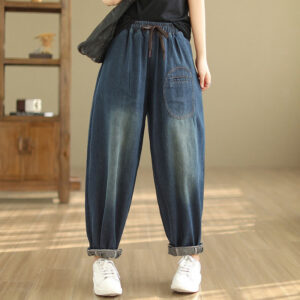 Buddha Stones Casual DarkSlateBlue Plain Drawstring Cotton Women's Harem Pants With Pockets