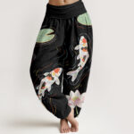 Buddha Stones Lotus Flower Lotus Leaves Koi Fish Water Ripples Pattern Women's Elastic Waist Harem Pants - Black - US22，UK/AU26，EU54 (6XL) - image 1