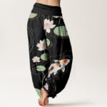 Buddha Stones Lotus Flower Lotus Leaves Koi Fish Water Ripples Pattern Women's Elastic Waist Harem Pants - image 2