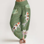Buddha Stones Lotus Flower Lotus Leaves Koi Fish Water Ripples Pattern Women's Elastic Waist Harem Pants - MediumSeaGreen - US22，UK/AU26，EU54 (6XL) - image 5