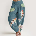 Buddha Stones Lotus Flower Lotus Leaves Koi Fish Water Ripples Pattern Women's Elastic Waist Harem Pants - LightSeaGreen - US22，UK/AU26，EU54 (6XL) - image 8