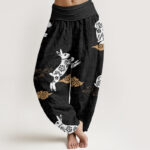 Buddha Stones White Rabbit Auspicious Cloud Pattern Women's Elastic Waist Harem Pants - Black - US22，UK/AU26，EU54 (6XL) - image 1