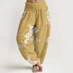 Buddha Stones White Rabbit Auspicious Cloud Pattern Women's Elastic Waist Harem Pants - Khaki - US22，UK/AU26，EU54 (6XL) - image 5