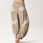 Buddha Stones White Rabbit Auspicious Cloud Pattern Women's Elastic Waist Harem Pants - image 9