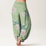 Buddha Stones Epiphyllum Pattern Women's Elastic Waist Harem Pants - image 2