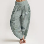 Buddha Stones Pure Cotton Casual Bamboo Rock Ink Painting Women's Elastic Waist Harem Pants - DarkSeaGreen - US22，UK/AU26，EU54 (6XL) - image 10