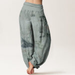 Buddha Stones Pure Cotton Casual Bamboo Rock Ink Painting Women's Elastic Waist Harem Pants - image 11