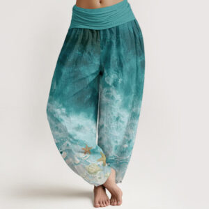 Buddha Stones Pure Cotton Vast Ocean Pattern Women's Elastic Waist Harem Pants