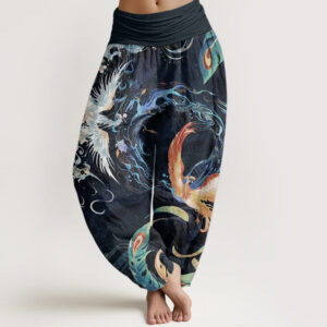 Buddha Stones Pure Cotton Phoenix Flower Pattern Women's Elastic Waist Harem Pants