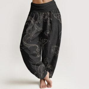 Buddha Stones Pure Cotton Koi Fish Floral Pattern Women's Elastic Waist Harem Pants
