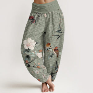 Buddha Stones Pure Cotton Warbler Bird Blooming Flower Branches Mandala Pattern Women's Elastic Waist Harem Pants