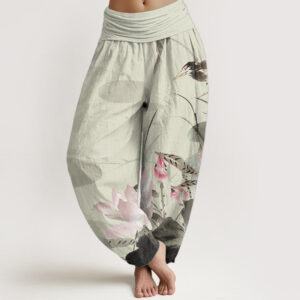 Buddha Stones Pure Cotton Pink Lotus Leaves Bird Pattern Women's Elastic Waist Harem Pants