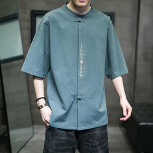 Buddha Stones Casual Solid Color Frog-Button Embroidery Men's Cotton Linen Shirt Cardigan