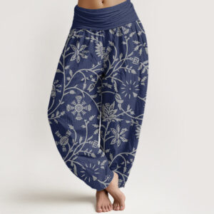 Buddha Stones Casual Floral Branches Flowing Vines Pattern Women's Elastic Waist Harem Pants - Navy - US22，UK/AU26，EU54 (6XL) - image 1