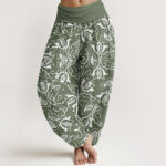 Buddha Stones Casual Plant Leaves Paisley Vortex Pattern Women's Elastic Waist Harem Pants - DarkSeaGreen - US22，UK/AU26，EU54 (6XL) - image 1